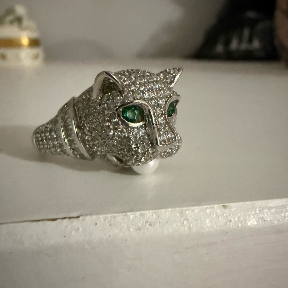 Cat feline cubic zirconia sterling silver ring